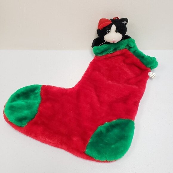 Black White Kitty Cat Christmas Holiday Stocking Felt Eyes Red Hat Plush - Picture 1 of 10